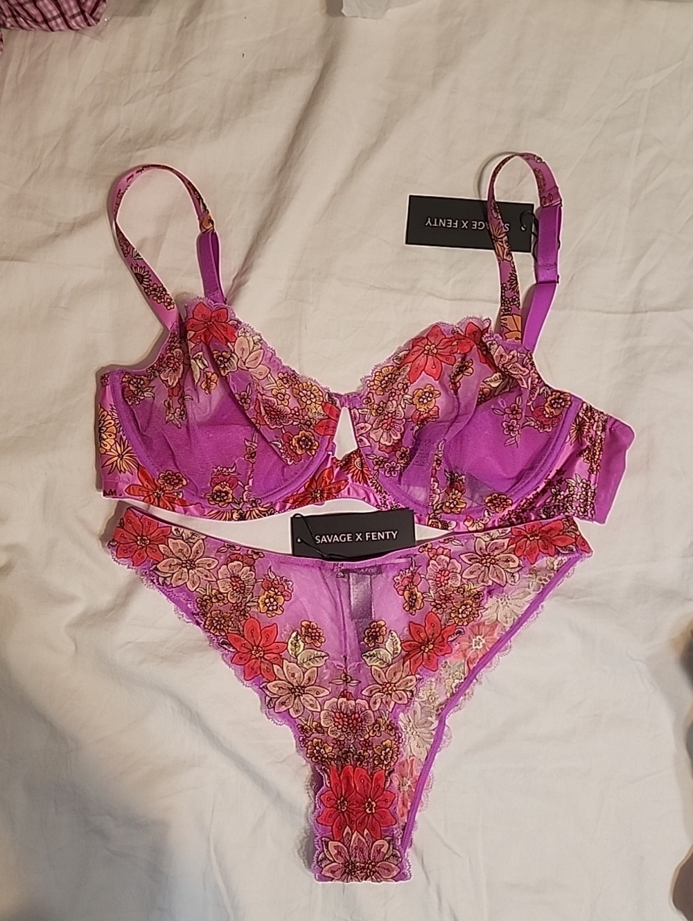 Savage X Fenty Mod Poppy Pink & Purple Floral Lace Underwire Bra & Panty Set